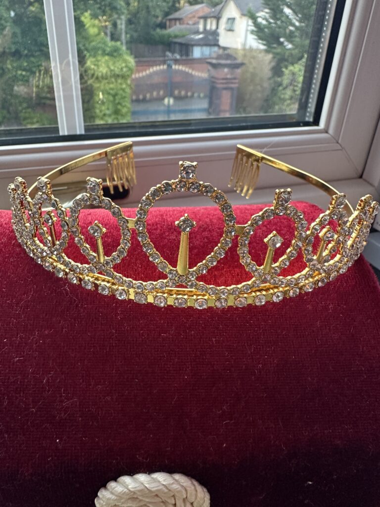 Sparkly crown on red surface.